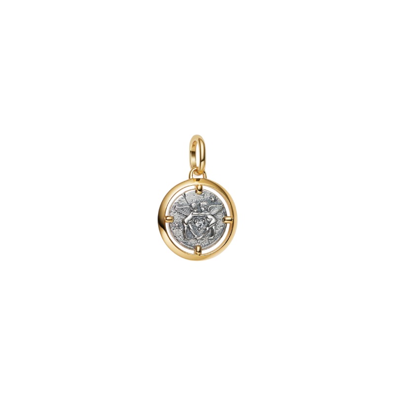 Charm PANDORA - Medallion Cupido "Amor Fati" Argento Sterling 925, Placcatura in Oro 14k - 764088C01